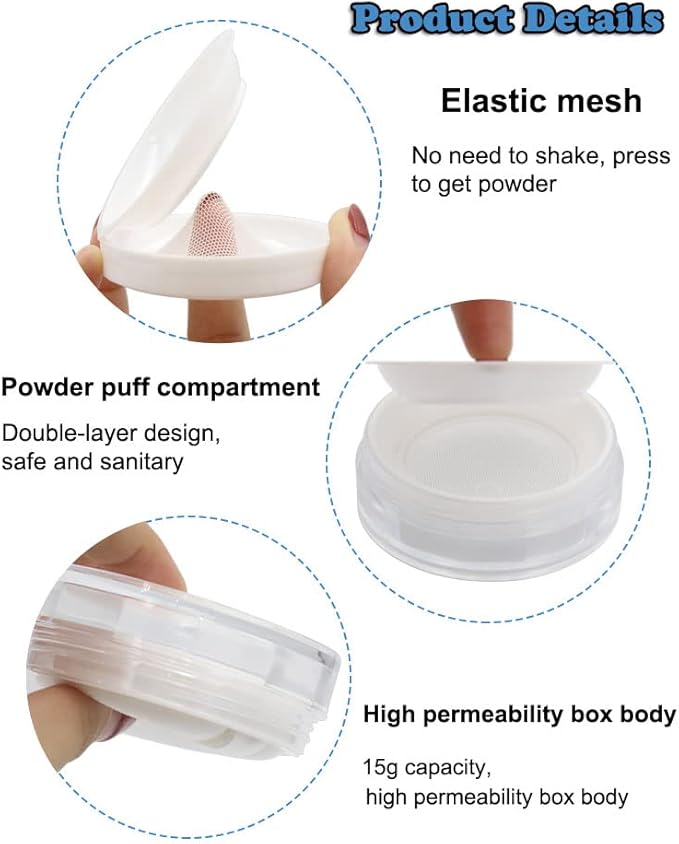 AKOAK Capacity 15ml(0.5 oz) No Leaks Empty Reusable Plastic Loose Powder Compact Container DIY Makeup Powder Case with Sponge Powder Puff, Elasticated Net Sifter and Threaded Screw Lid (White)