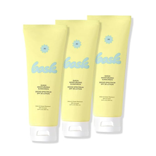 Bask Suncare SPF 30 Sheer Moisturizing Sunscreen Lotion - Broad Spectrum UVA/UVB Protection, Dermatologist Recommended, Hydrating, Lightweight & Fast Absorbing, No White Cast, Travel Size (Pack of 3)
