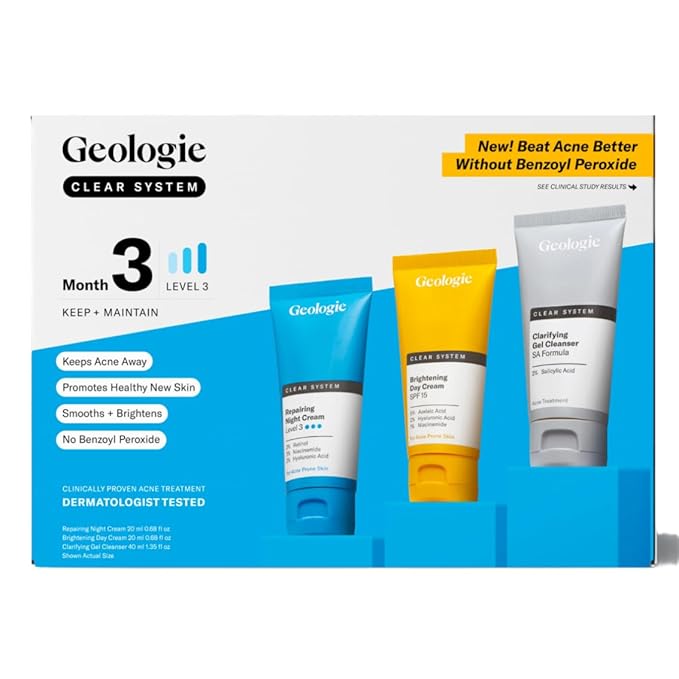 Geologie Clear System | 3-Step Acne Treatment & Skincare Set | Clears Skin Fast | Acne Gel Cleanser, SPF15 Day Cream & .3% Retinol Face Cream For Men & Women | Month 3+ / Level 3