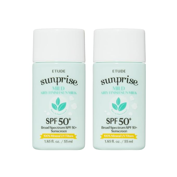 ETUDE Sunprise Mild Airy Finish Sun Milk Duo Set (55ml*2) SPF50+ / PA++++ | Sebum-free, Non-Sticky, Long Lasting Protection, 100% Mineral Based Korean Sunscreen, Korean Skin Care, Pefect for Gift