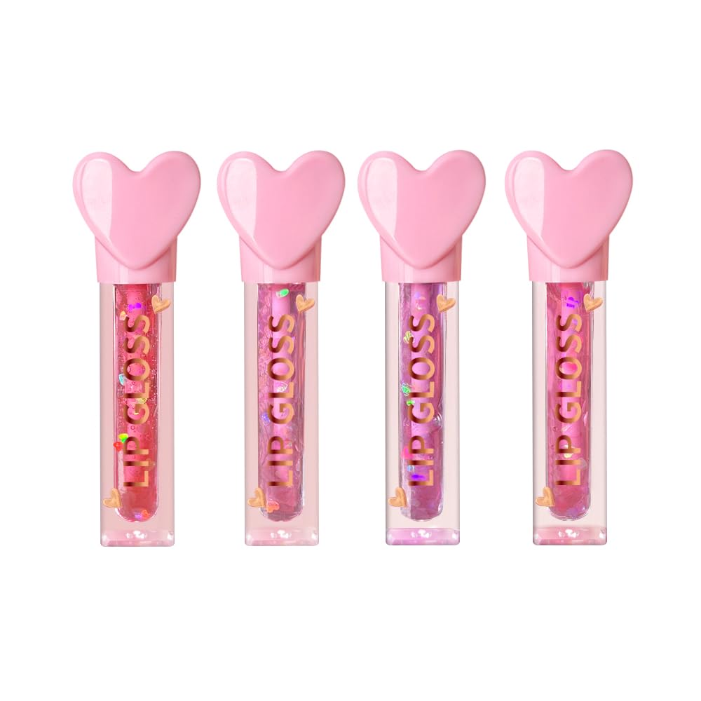4pc Heart Charm Lip Gloss Stick for Girls - Glossy Fruity Lip Set | Non Toxic Party Favors, Teen Makeup Gift with Cute Topper (4 Pack)