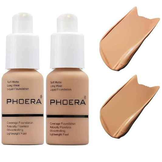 2 Pack PHOERA Foundation, Flawless Soft Matte Liquid Foundation Makeup for Women.(104# Buff Beige and 105# Sand)