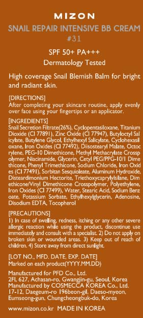 MIZON Snail Repair Blemish Balm, Multifunctional BB Cream with Snail Mucus Filtrate, Skin Care and Makeup Coverage, Strenghtens Skin Elasticity, Improves Fine Wrinkles (#31)