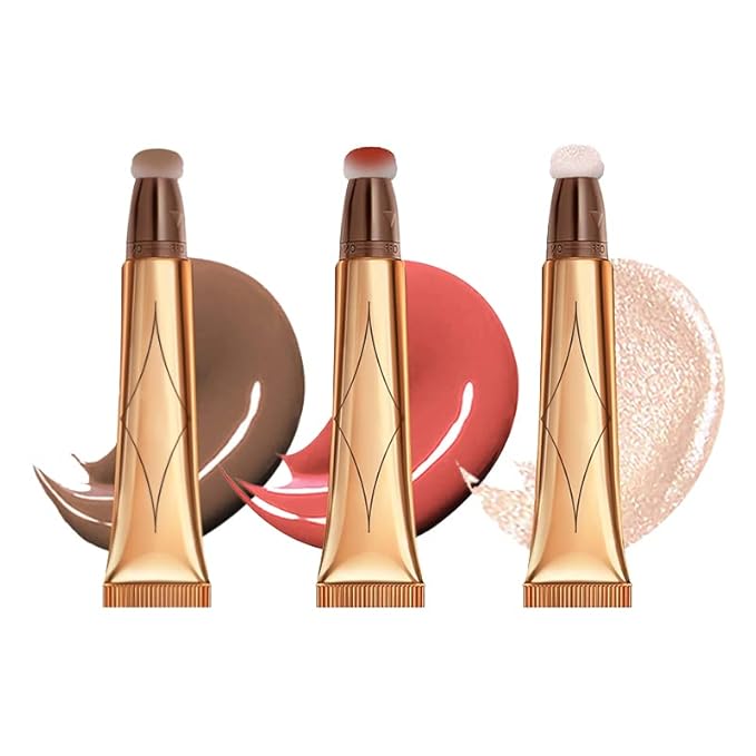 3 Color Contour Beauty Wand, Highlighter ，Blush，Face Concealer Contouring With Cushion Applicator Long Lasting & Smooth Matte Finish Liquid Illuminator Makeup Stick .01 Contour+03 Cherry Red+04 Pear White