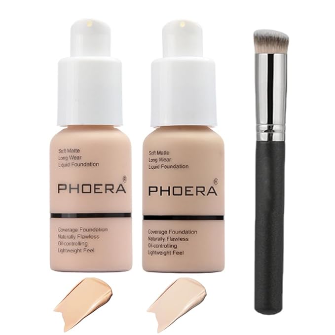 2 Pcs Liquid Foundation 101 and 102 with Kabuki Foundation Brush Flat Top,Full Coverage Foundation Makeup Set,30ml 24HR Matte Oil Control Concealer(Porcelain & Nude)