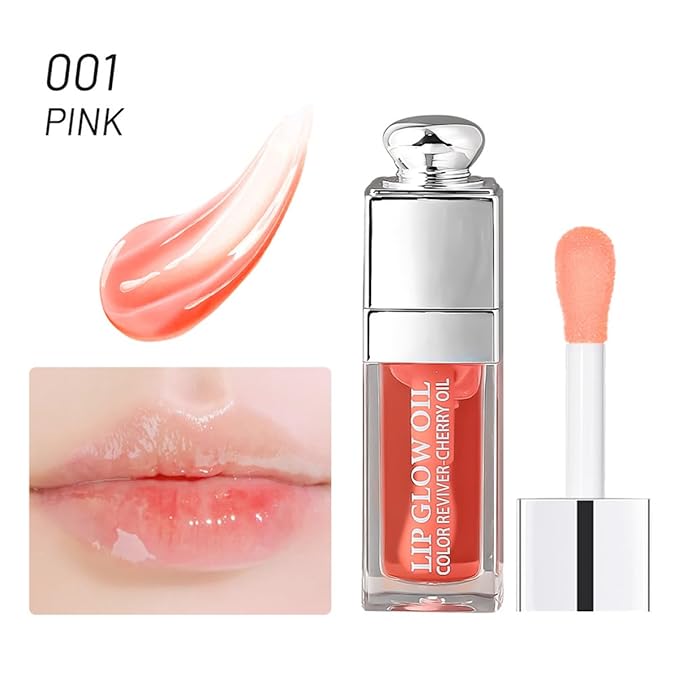 Hydrating Lip Glow Oil, Moisturizing Plumper Lip Gloss, Transparent Plumping Balm, Tinted Balm Care 0.2 OZ - 001 PINK