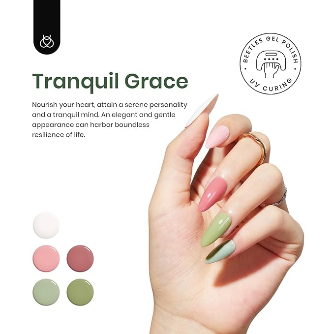 Beetles Gel Nail Polish, 6 Colors Sage Green Tranquil Grace Collection Pink Olive Green White UV Gel Nail Polish Manicure Art Design Gifts for Women