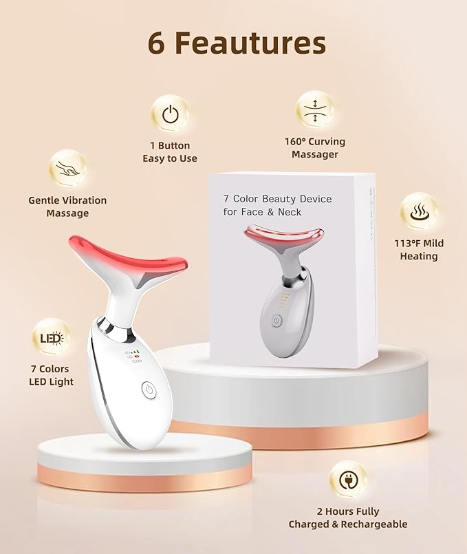 7 Color Face and Neck Massager Light Therapy, Red Light Based Facial Massager for Skin Care, Firming, Smoothing (White)