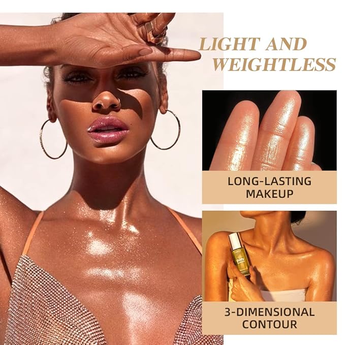 40ml Body Shimmer Oil,Face and Body Liquid Luminizer,Smooth Body Shimmer Oil For Sunshine Bath, Waterproof Moisturizing Light Shimmer Glow Illuminator,Liquid Highlighter Makeup,Makeup Brush Include (3#-Bronze Gold)