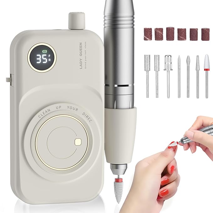 Portable Nail Drill Electric File: 35000RPM Professional Rechargeable Nail E File Machine,for Acrylic Nails Gel Polishing Removing, Cordless Efile with Bits Kit for Manicure Salon Home (White)