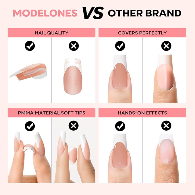 modelones French Tip Press on Nails, 150Pcs Long Square Fake Nails with Nail Box, Deep Nude Gel Nail Tips for Women, Soft Glue-On Nails for Natural Salon Look, DIY Nail Art Kit (15 Sizes)