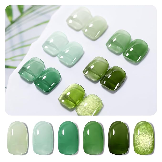 RARJSM Green Jelly Glass Gel Nail Polish Set 6pcs Clear Crytal Army Dark Jade Sage Green Transparent Sheer Amber Series Milky Diamond Cat Eye Gel Varnish LED UV Curing Requires