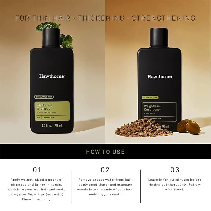 Hawthorne Men's Thickening Shampoo and Conditioner Hair Set. Includes Thickening Shampoo and Weightless Conditioner. Sulfate Free, Paraben Free. 8 Fl Oz Each.