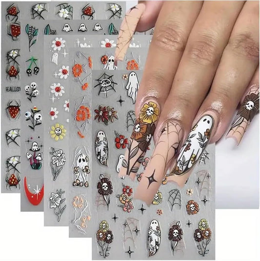 5 Sheets Halloween Nail Art Stickers Horror Ghost Self-Adhesive Embossed Flower Skull Nail Decals - with Cute Sunflower Strawberry Spider Ghost Designs for Women Girls DIY Nail Decoration