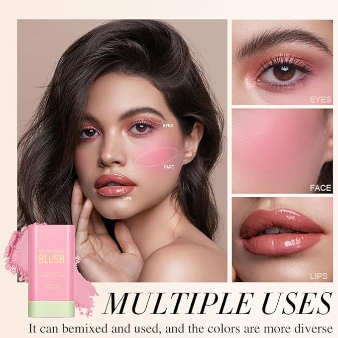 3-in-1 Cream Blush Stick for Cheeks Lips Eyes, Waterproof Natural Finish Tinted Makeup Stick, Hydrating Multi-Use Blush Balm