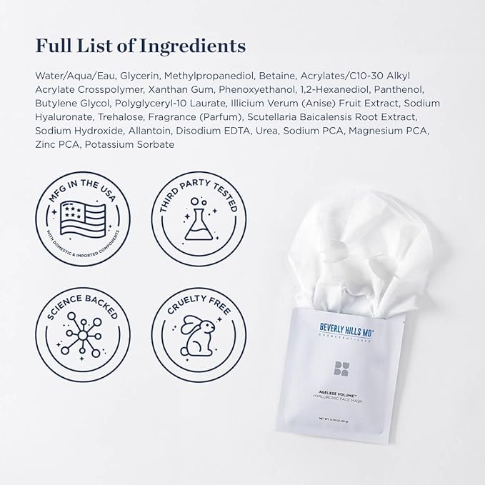 Ageless Volume Hyaluronic Face Mask- Reduce Appearance of Wrinkles, Anti Aging Formula for Plump, Moisturized Skin- 8 Pack- Hydrating & Firming Gentle Sheet Mask