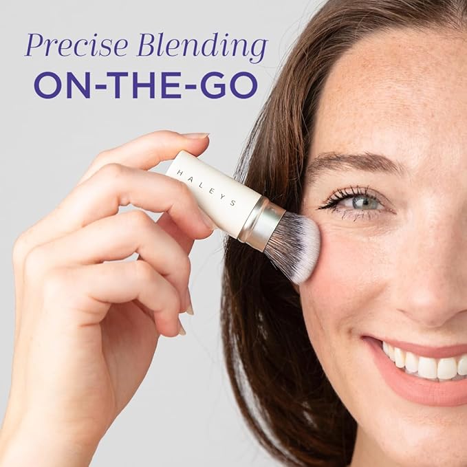 HALEYS Retractable Face Brush, VEGAN Dense, Angled Bristles & Adjustable Sleeve, Portable Makeup Brush for Quick, Easy Streak-Free Blending of Liquids, Creams, Powders, Travel-friendly Mess-Free Cap