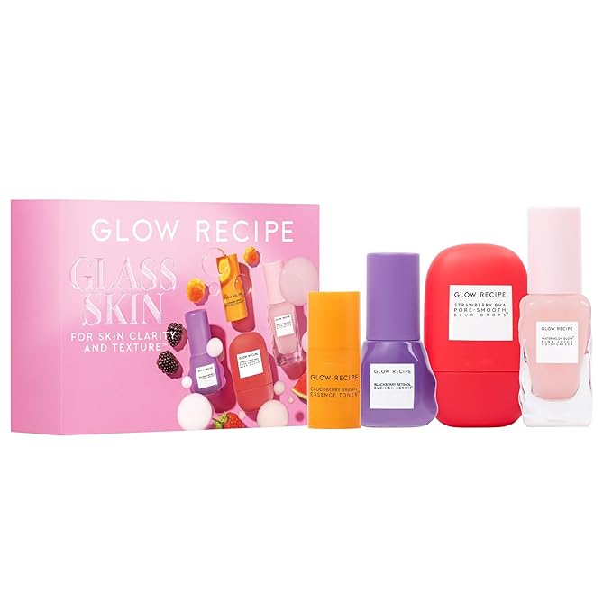 Glow Recipe Glass Skin Hydration Travel Size Korean Skincare Set - Includes Mini Cloudberry Facial Toner, Strawberry Blur Drops, Blackberry Retinol Serum & Pink Juice Moisturizer (4 Count)
