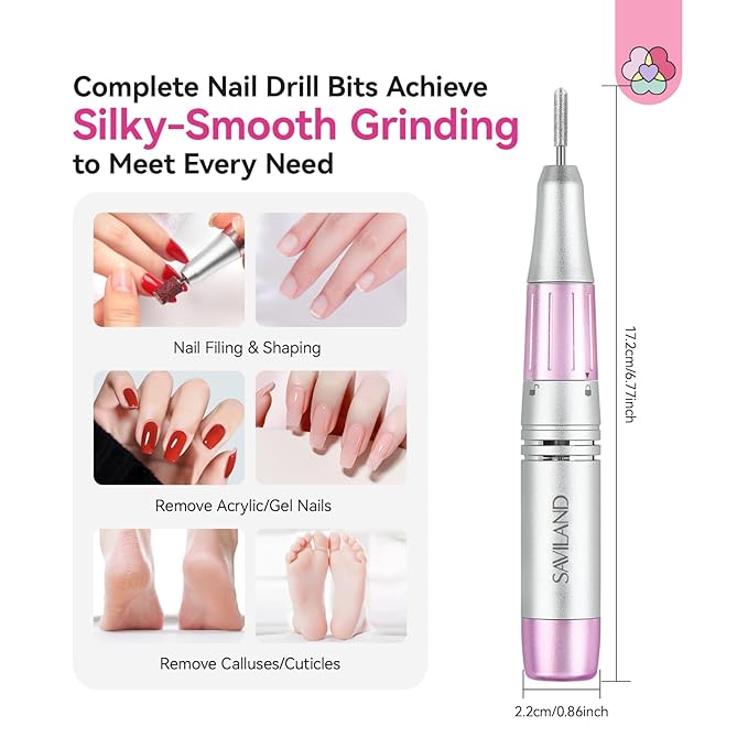 SAVILAND Essentials Electric Nail Drill: 40000RPM High-Torque Nail File Quick Removal for Acrylic Nails Easy Operation Portable Nail Drill for Beginner Home DIY Nail Art Manicure Pedicure