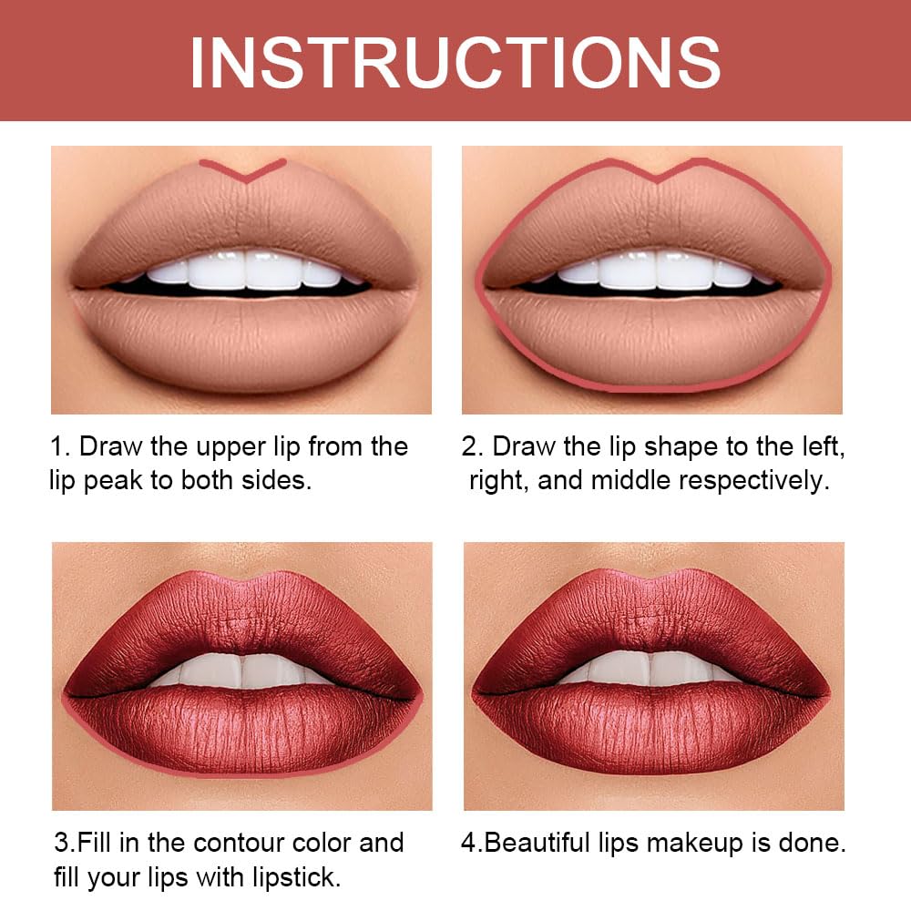 Kaely 2-in-1 Mauve Red Metallic Lip Liner & Lipstick Set Kit for Women, Lips Kit with Lip Liner Lip Stains Long Lasting Waterproof 24 Hour Lipstick and Lip Liners Combo Lipliners Pencil Set 08