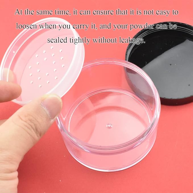 HAHIYO 2Pcs 50ml/1.69oz Plastic Empty Travel Powder Container Large Loose Powder Compact Case Makeup Cosmetic Jar Refillable Powder Box No Leak Powder Holder with Common Sifter and Black Screw Lid