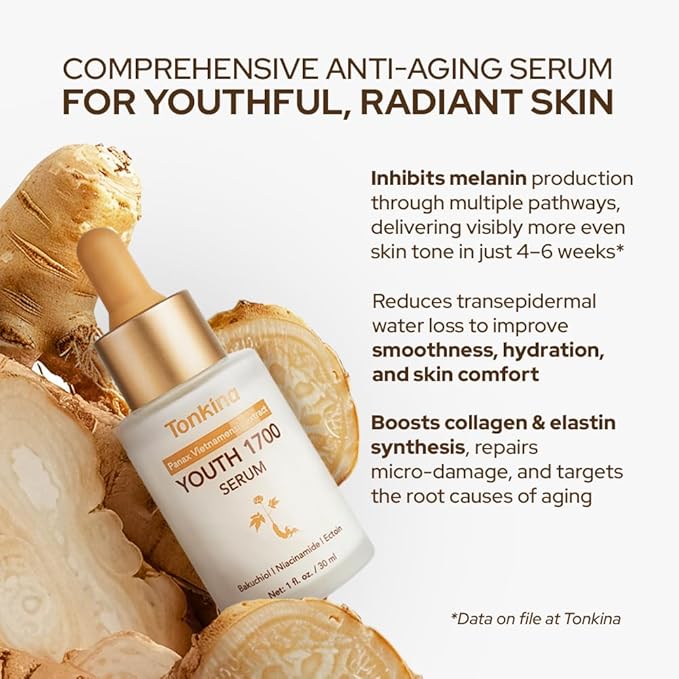 Youth 1700 Bakuchiol Serum with Niacinamide, Tranexamic Acid, Hyaluronic Peptides & Vietnamses Ginseng, Brightening Retinol Alternative for Face, Anti Aging & Dark Spot Remover