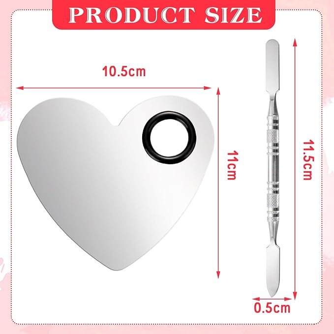 2 Pcs Stainless Makeup Mixing Palette,Tool for Mixing Foundation Nail-Art,Palette with A Stick,Storage Bag,Beauty Salon Color Cream Mixing Palette,Makeup Artist,Makeup Enthusiast (Heart Shaped)