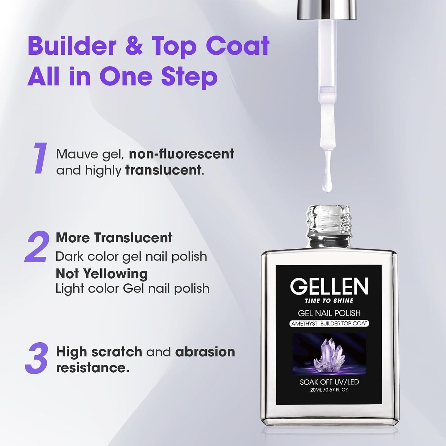 GELLEN 4 in 1 Builder Nail Gel & Gel Top Coat in a Bottle, 20ml Amethyst Builder Top Coat for Apex Building, 3D Nail Arts and Chrome Nails