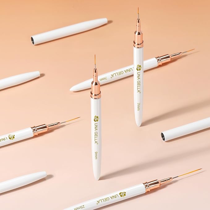 UNA GELLA Nail Art Brushes Metallic, Liner Pens Set For Nail Art Gel Polish, 5Pcs White Color, Detail Nail Art Design Painting Brush Set For Nails Gel Fine Drawing Nail Tools, Sizes 7/9/11/15/25mm