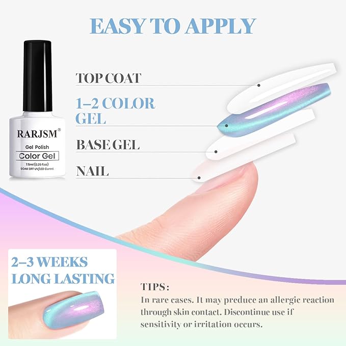 RARJSM Aurora Pearl Cat Eye Gel Nail Polish Set 6pcs Ceramic Silver Shimmer Universal Pink Green Blue Purple Orange Glitter Mermaid Swirl Shell Thread Effect with Magnet Stick Curing Requires