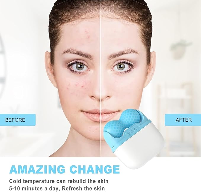 Ice Roller for Face and Eyes - Facial Skin Care Tools with 2 in 1 Face Roller and Travel Case, Self Care Gift for Men Women (Blue)