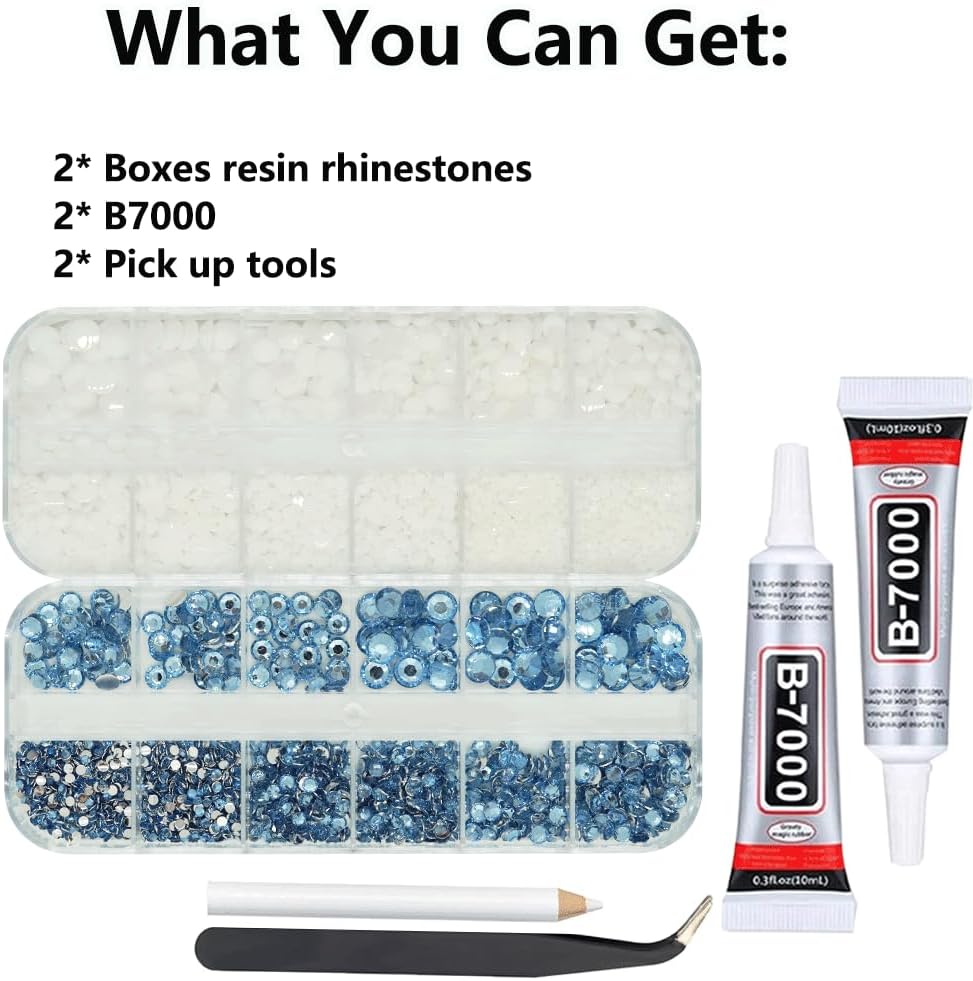 Light Blue White Rhinestones for Bedazzling With B7000 Glue, 2mm 3mm 4mm 5mm 6mm (SS8-SS30) Non-Hotfix Flatback Baby Blue White Nail Crystals Gems Beads for Bedazzle Crafting, DIY Nail Art
