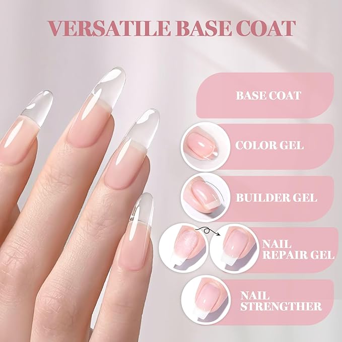 RARJSM Nude Fiber Glass Rubber Base Gel Nail Polish Set 6pcs for Repair Broken Nails Clear Milky White Jelly Rose Pink Strengthener Base Coat Transparent Brush on Building Gel in a Bottle 7.5ml
