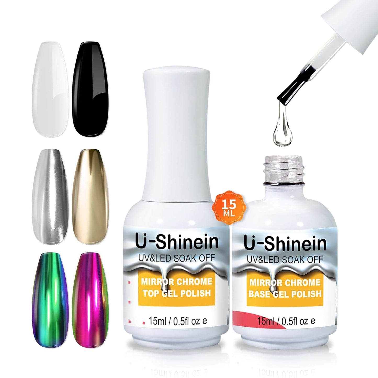 15ml Top Coat and Base Coat Set for Metallic Mirror Painting Gel, No Wipe Clear Top and Base Coat for Nail Polish, Chrome Nail Powder