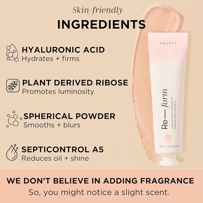 HALEYS Re-form Luminous Skin Foundation, VEGAN + CRUELTY-FREE, Blurs, Conceals, Blendable, Buildable Med-to-Full Coverage, Weightless, Oil-free, All-Day Wear, Hyaluronic Acid, All skin types (7.0)