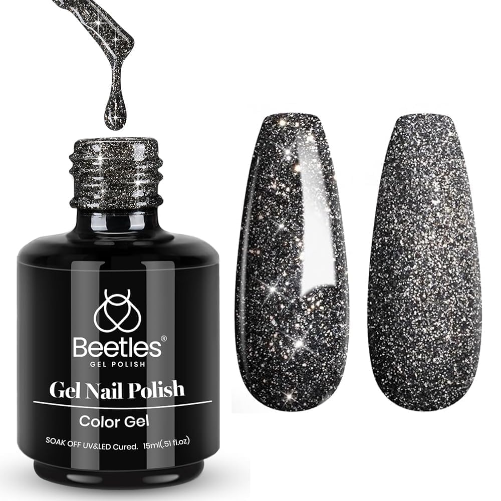 Beetles Black Gel Nail Polish, 1Pcs 15ML Glitter Gel Nail Polish Black Sparkle Reflective Shimmer Color Soak Off UV Lamp Disco Nail Art Manicure Salon DIY at Home Gifts for Her