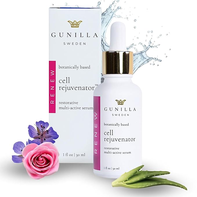 GUNILLA Cell Rejuvenator Serum | Anti-Aging Anti Wrinkle Hydrating Facial Serum for Fine Lines, Dark Spots with Organic Aloe Vera, Collagen, Elastin, Keratin, Vitamin C, Ginseng | 1 oz