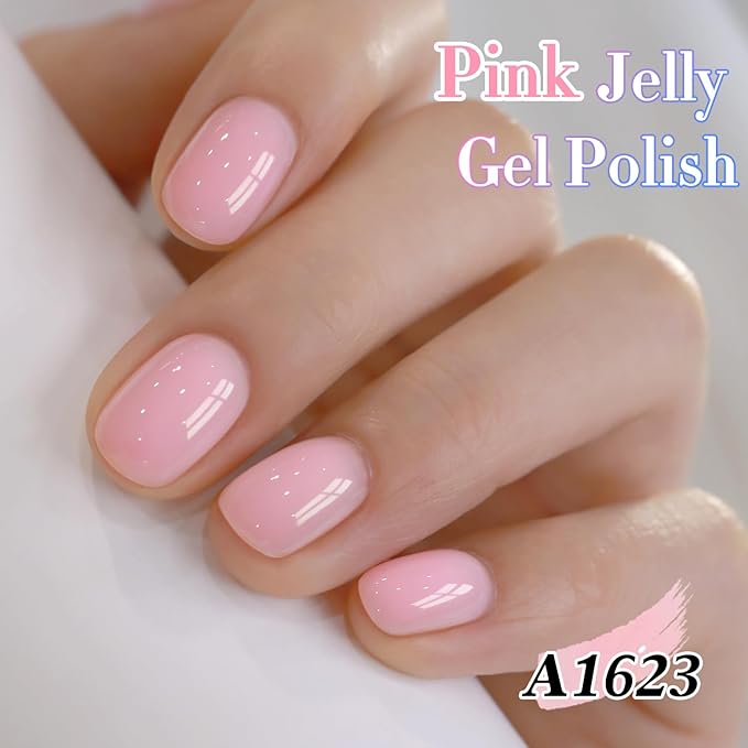 Double Rhythm 0.50 OZ Translucent Gel Polish Same Color Same Bottle Sheer Pastel Neutral Natural Milky 15 ML Jelly UV Nail Art DIY at Home (Pink-A1623)