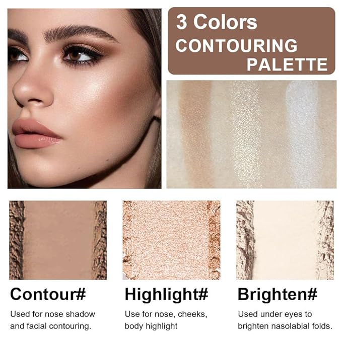 3 IN 1 Brown Nude Face Highlight Bronzer Powder Palette for Face Cheeks Contour Brightening, Buildable Matte Coverage Natural Makeup,Ultra Sculpt Nose Shadow Eyeshadow Primer 01#
