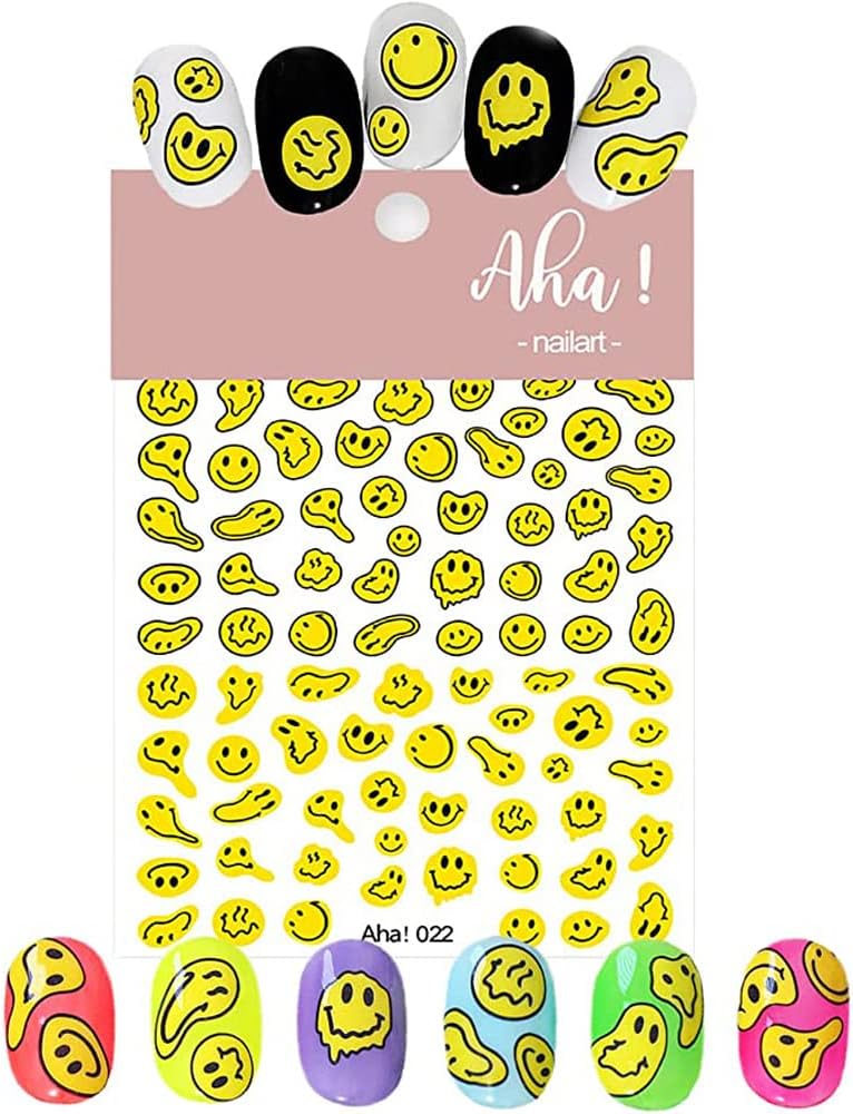 Smiling Face Nail Art Stickers 3D Nail Decals Cute Self-Adhesive Nail Stickers Yellow Black and White Twisted Smiling Face Nail Supplies for Women Girls Kids Nail Decorations