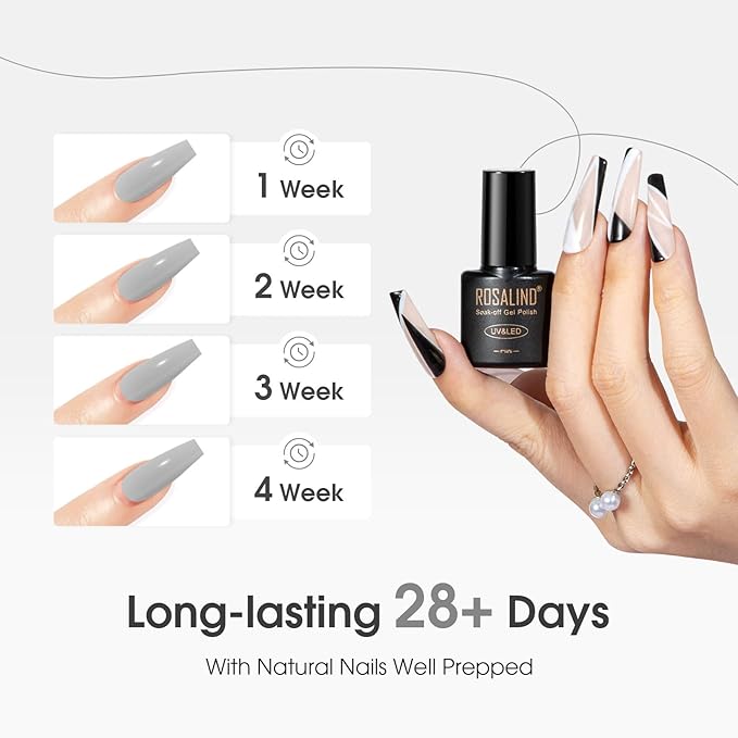 ROSALIND White Black Gel Nail Polish Set with Matte and Glitter Top Coat, 6 Colors Black Milky White Neutral Nude Grey Gel Nail Polish Soak Off Gel Nail art