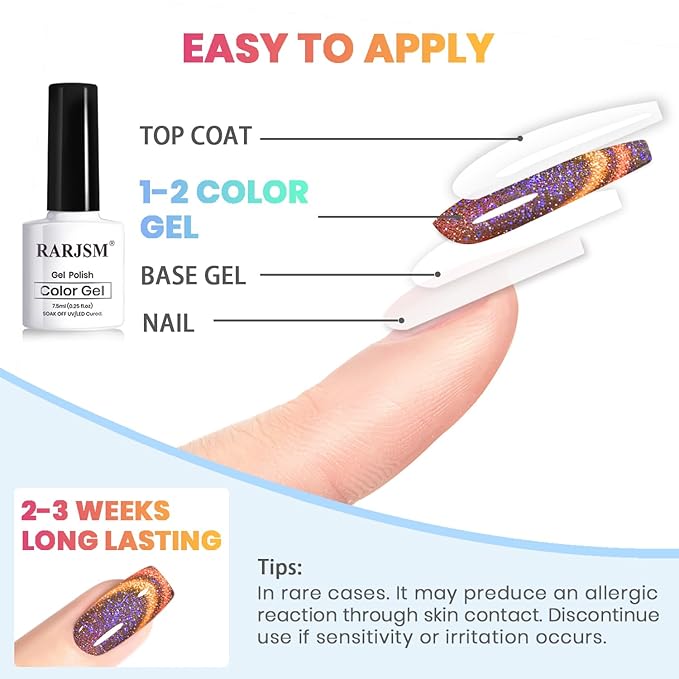 RARJSM 9D Chameleon Glass Cat Eye Gel Nail Polish Set 6Pcs Pink Purple Blue Green Yellow Multi Color Cateye Galaxy Shimmer Gradient Effect with Magnetic Stick UV LED Curing Require Home Salon