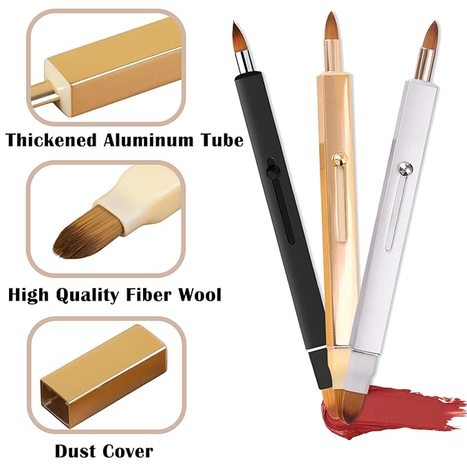 3 Pack Lip Brush for Lipstick Makeup Brushes Double-Ended Retractable Lip Brush with Cap Dustproof for Lipstick Gloss Creams Portable with Cap(Black + Gold + Silver)