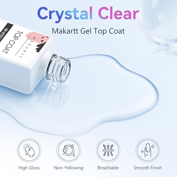 Makartt Gel Top Coat - 2 PCS No Wipe Top Coat Gel Nail Polish High Glossy Shine Finish Long Lasting, 10ML Clear Soak Off UV Nail Lamp, Salon Quality Art Design for Home Use Beauty Gift