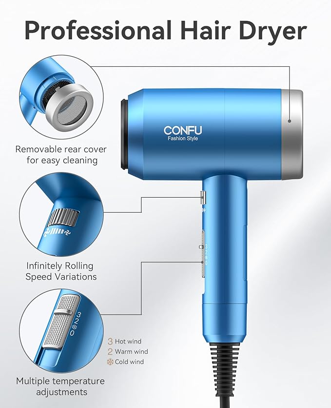 Hair Dryer, CONFU Hair Dryer with Diffuser, 21000PRM Professional Hairdryer, Portable Lightweight Fast Drying Negative Ionic Blow Dryer, Hair Diffuser for Curly Hair for Home Travel