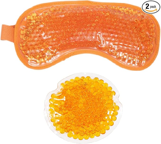 HOT +Cold Aqua Pearls Plush Eye Mask with Soft Plush Backing and Fully Adjustable Strap, Bonus Mini Round pad-2PACKS(Orange, Eye Mask+ Mini Round Pad)