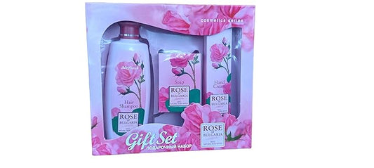 Gift set"Rose of Bulgaria" for WOMEN - HAIR SHAMPOO for Women, COSMETIC SOAP for Women, HAND CREAM with Rose Essential Oil and Rose Water