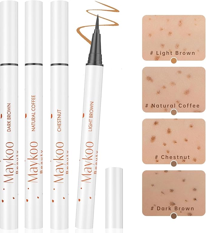 4 Colors Freckle Pen Set, Natural Lifelike Face Fake Freckle Stamp Makeup Pen Waterproof Long Lasting Quick Dry Faux Freckles Sun-kissed Makeup-Light Brown,Natural Coffee,Chestnut,Dark Brown