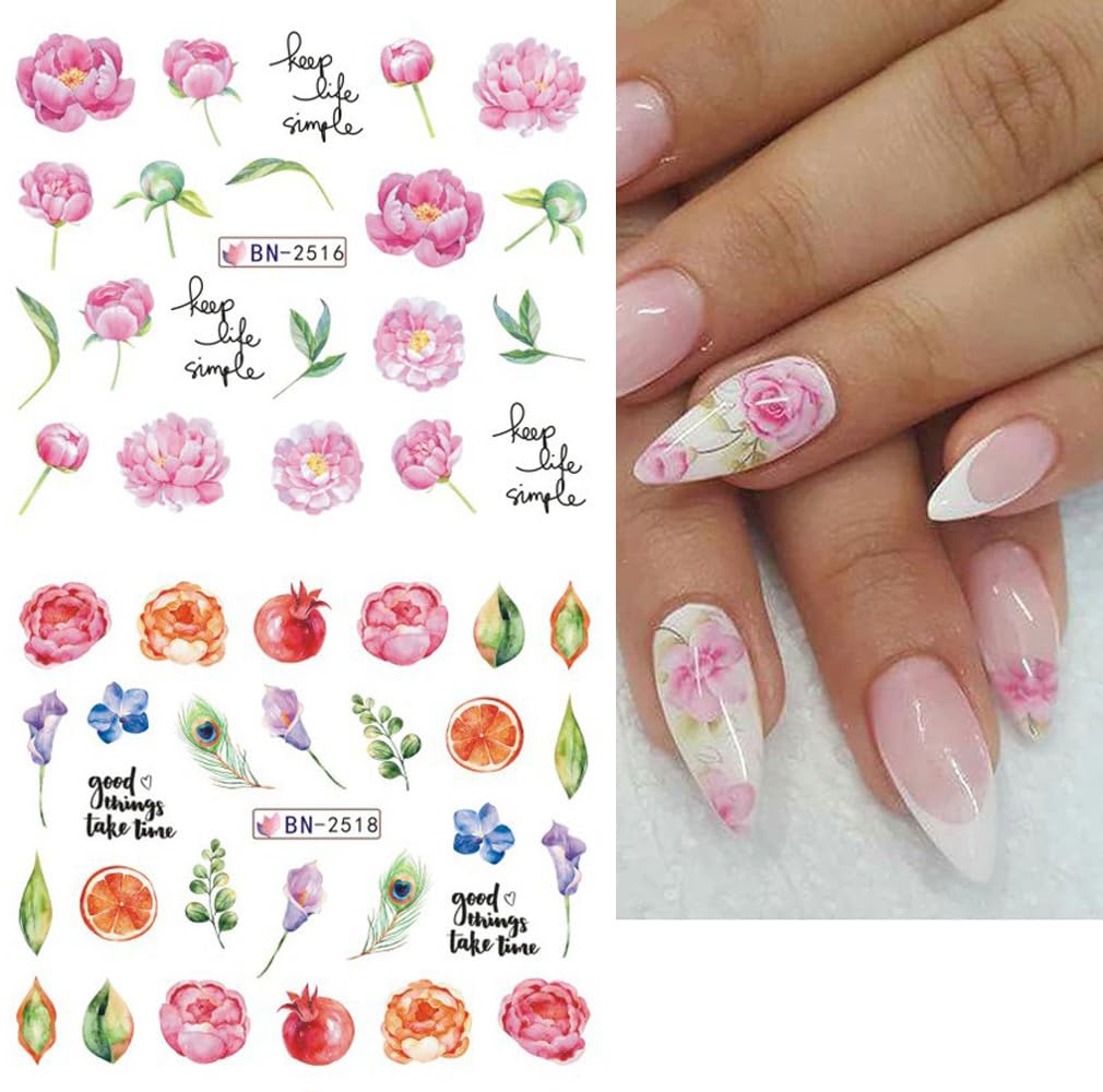 12 Sheets Flower Nail Water Transfer Decals, Nail Art Stickers for Women, Holographic Colorful Flower Leaf Patterns Nail Designs Supplies, Acrylic Nails Decorations DIY Resin Nail Decal Tattoos Set
