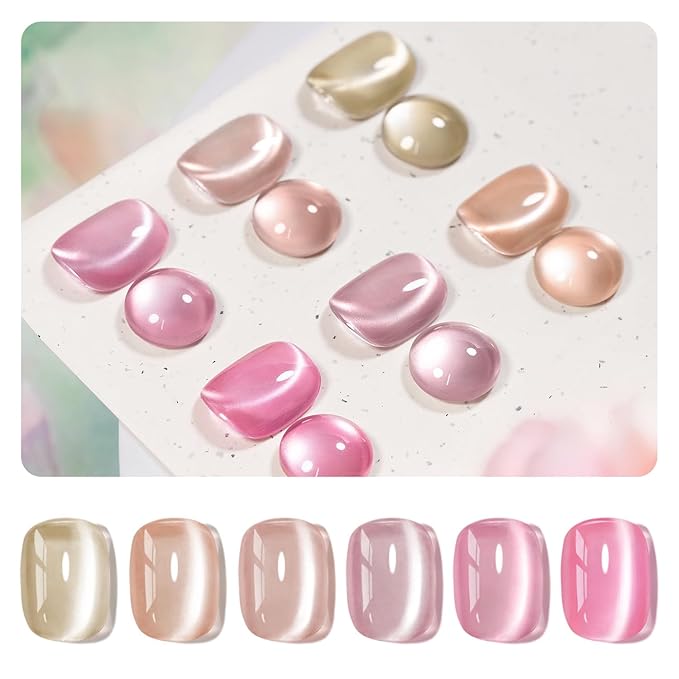 RARJSM Nude Jelly Glass Cat Eye Gel Nail Polish Set 6Pcs Champagne Gold Rose Blush Metal Pink Red Smoothie Ceramics Cateye Silver Glitter Gelpolish with Magnetic Stick UV LED Curing Require Home Salon